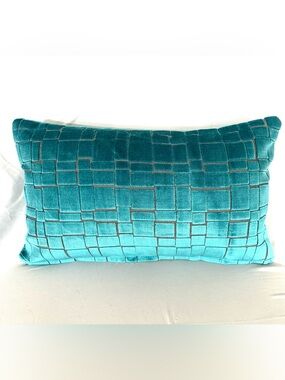 Designer Teal Velvet Decorative Throw Pillow with Geometric Grid 12”x20”